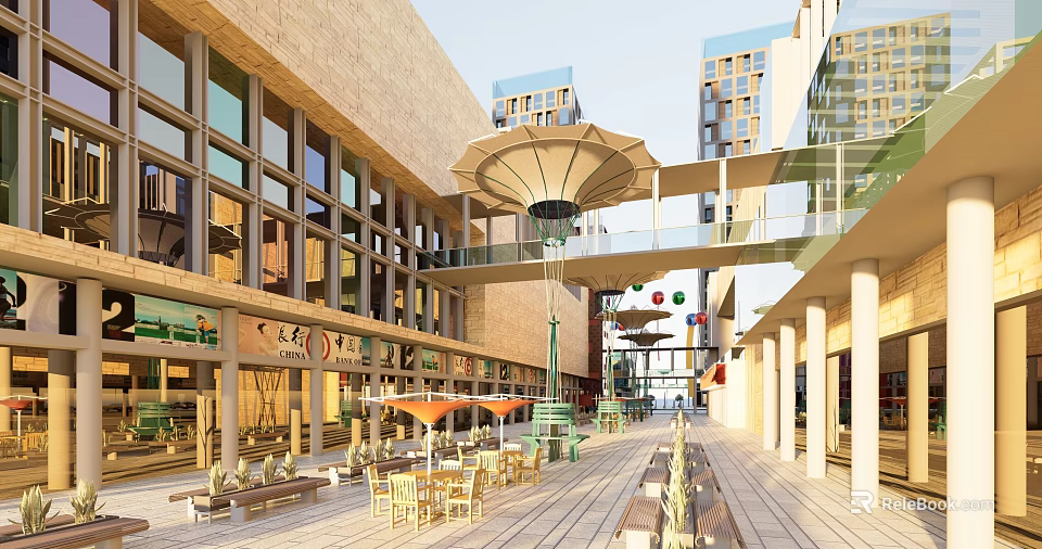 Vibrant Commercial Street With Modern Buildings Overhead Bridge Shaded Umbrellas And Outdoor Seating 3d model 