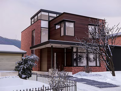 Detached Villa With Red Brick Dark Wooden Exterior Large Windows Snowy Landscape And Trees 3d model