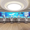 Modern Control Room With Large Screens Displaying Data Charts Control Desk Office Chairs And Lighting