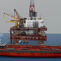 Large Offshore Oil Drilling Platform With Yellow Crane Tower And Support Ship