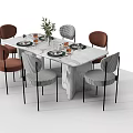 Modern Dining Table Set With White Marble Top And Brown Grey Chairs Plants Tableware 3d model