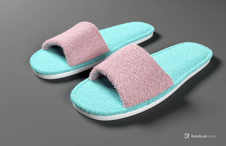 Soft Comfortable House Slippers With Pink Fuzzy Upper And Turquoise Sole 3d model 