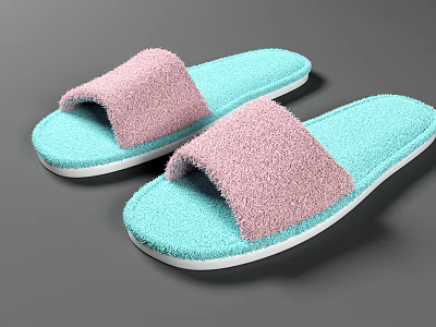Soft Comfortable House Slippers With Pink Fuzzy Upper And Turquoise Sole 3d model