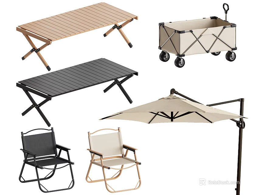 Outdoor Chairs And Folding Tables With Wheeled Storage Bins And Patio Umbrellas 3d model 