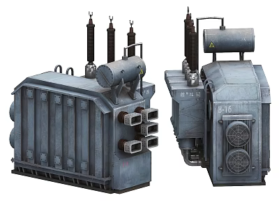 Industrial Transformer Equipment With Metal Enclosure Radiator Fins Insulators And Control Panels 3d model