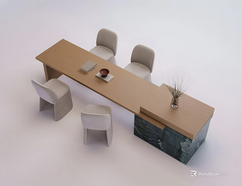 Wooden Dining Table Set With Four Light Gray Chairs And Marble Base Cabinet 3d model 