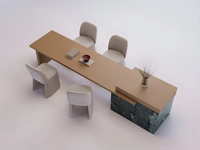 Wooden Dining Table Set With Four Light Gray Chairs And Marble Base Cabinet 3d model