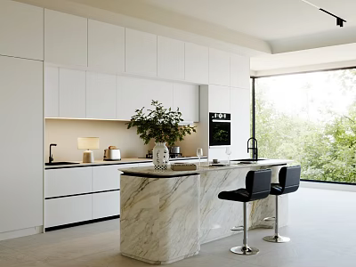Modern Kitchen Interior Design With White Cabinets Marble Island Black Bar Stools And Window Greenery 3d model