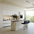 Modern Kitchen Interior Design With White Cabinets Marble Island Black Bar Stools And Window Greenery