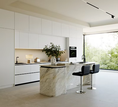 Modern Kitchen Interior Design With White Cabinets Marble Island Black Bar Stools And Window Greenery 3d model