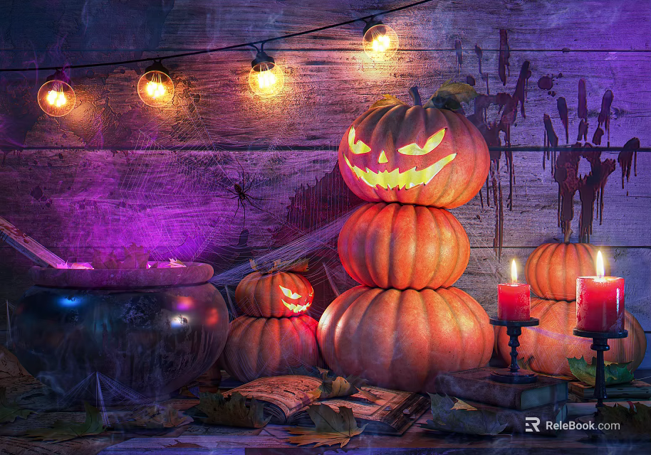 Halloween Decorative Ornament Set With Jack o Lantern Stacked Pumpkins Candles Spider Web String Lights 3d model 