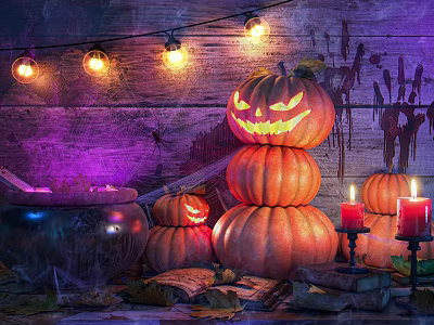 Halloween Decorative Ornament Set With Jack o Lantern Stacked Pumpkins Candles Spider Web String Lights 3d model