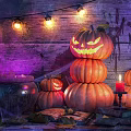 Halloween Decorative Ornament Set With Jack o Lantern Stacked Pumpkins Candles Spider Web String Lights