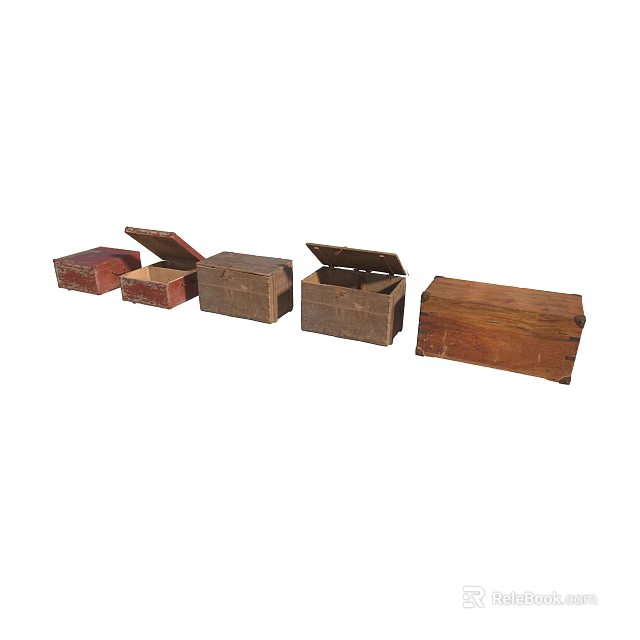 Multiple Vintage Wooden Boxes Open and Closed Arranged in a Row 3d model