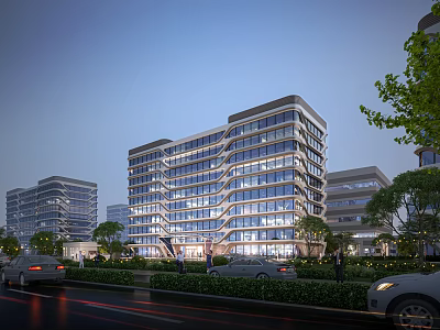 Modern Multi Storey Office Building With Glass Curtain Walls And Landscaping Lighting 3d model