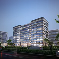 Modern Multi Storey Office Building With Glass Curtain Walls And Landscaping Lighting