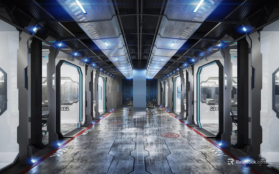 Futuristic Internet Cafe Interior Corridor With Blue Lighting And Metallic Texture Design 3d model 