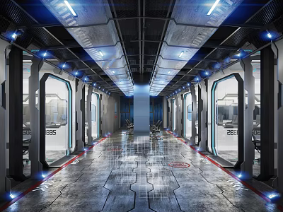 Futuristic Internet Cafe Interior Corridor With Blue Lighting And Metallic Texture Design 3d model