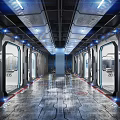 Futuristic Internet Cafe Interior Corridor With Blue Lighting And Metallic Texture Design