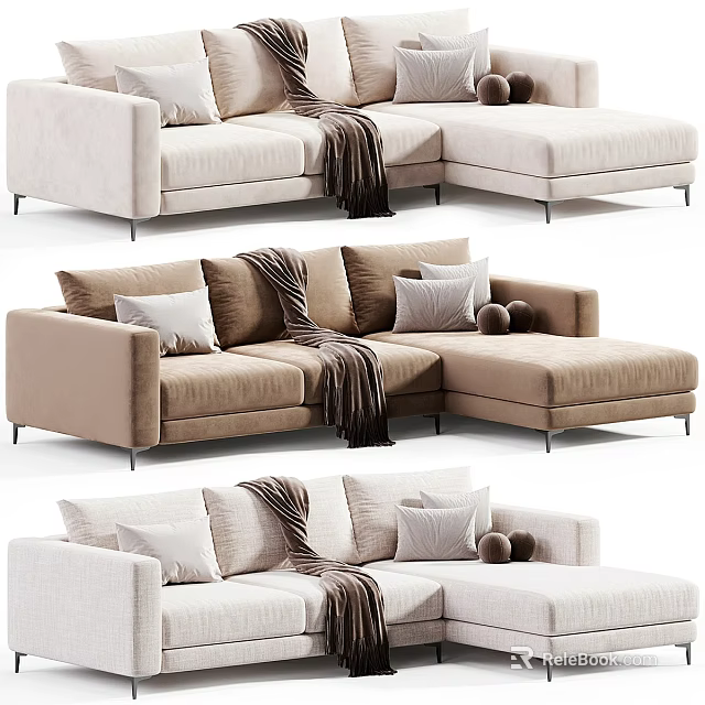 Modern L Shaped Upholstered Sofa in Neutral Tones With Throw Blanket Decorative Pillows and Balls 3d model 