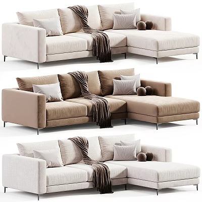 Modern L Shaped Upholstered Sofa in Neutral Tones With Throw Blanket Decorative Pillows and Balls 3d model