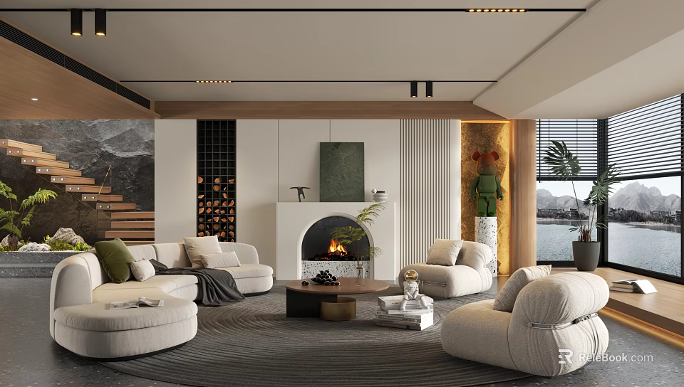 Modern Living Room With White Sofa Round Coffee Table Fireplace Green Plants And Wooden Details 3d model 