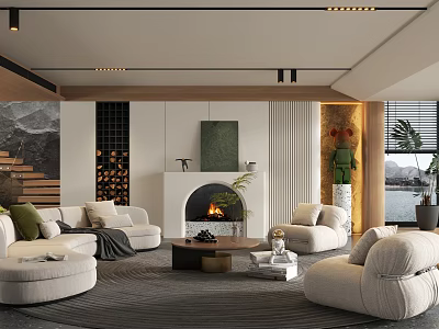 Modern Living Room With White Sofa Round Coffee Table Fireplace Green Plants And Wooden Details 3d model