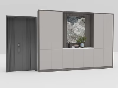 Modern Light Gray Decorative Cabinet With Open Shelf Dark Door Artwork And Vase 3d model