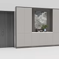 Modern Light Gray Decorative Cabinet With Open Shelf Dark Door Artwork And Vase
