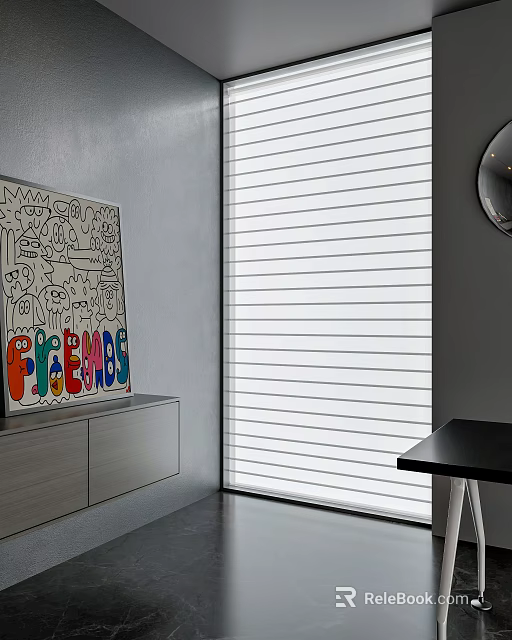 White Venetian Blinds in Modern Interior with Gray Wall and Colorful Artwork 3d model 