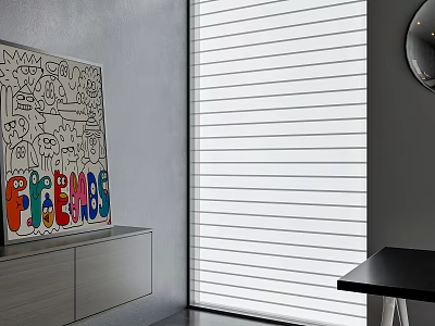 White Venetian Blinds in Modern Interior with Gray Wall and Colorful Artwork 3d model