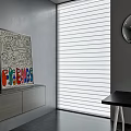 White Venetian Blinds in Modern Interior with Gray Wall and Colorful Artwork