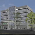 Modern Office Building Exterior Design With Glass Curtain Walls Green Canopy And Trees