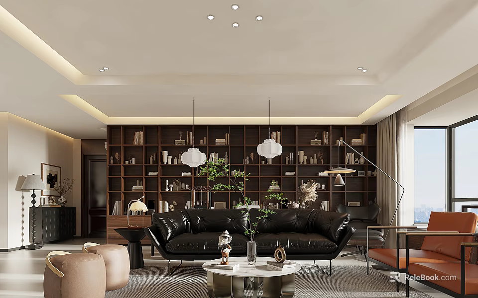 Modern Living Dining Room Interior Design With Black Leather Sofa Bookshelf Pendant Lights And Green Plants 3d model 