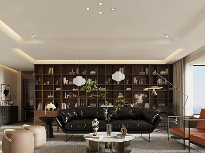 Modern Living Dining Room Interior Design With Black Leather Sofa Bookshelf Pendant Lights And Green Plants 3d model