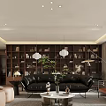 Modern Living Dining Room Interior Design With Black Leather Sofa Bookshelf Pendant Lights And Green Plants
