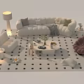 Modern Sofa And Coffee Table Set With Plush Cushions Geometric Rug And Side Lamp