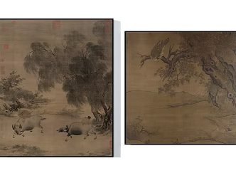 Chinese Traditional Southern Song Dynasty Li Di Wind and Rain Pastoral Return to Figure Maple Eagle Chicken Figure Hanging Painting 3d model