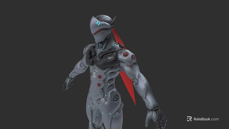 Game Movie Character in Sci-Fi Mechanical Armor with Red Cape and Blue Glowing Details 3d model 