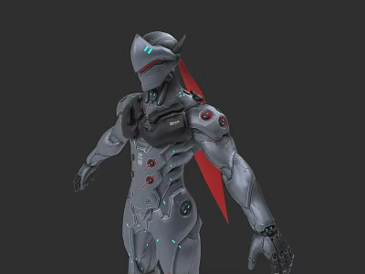 Game Movie Character in Sci-Fi Mechanical Armor with Red Cape and Blue Glowing Details 3d model