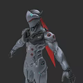 Game Movie Character in Sci-Fi Mechanical Armor with Red Cape and Blue Glowing Details