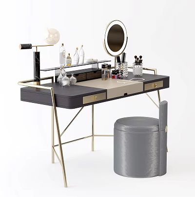 Modern Dressing Table With Round Mirror Cosmetics Drawers And Gray Stool 3d model