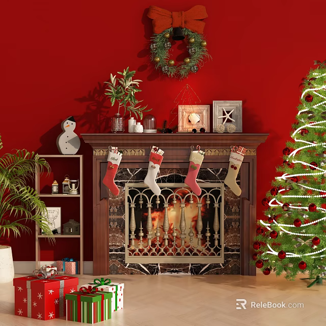 Christmas Decorative Ornament Set with Stockings Wreath Tree and Fireplace Shelf Decor 3d model 