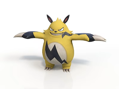 Yellow Cartoon Character 3D Model With Black Lightning Mark Spiked Ears And Extended Arms 3d model