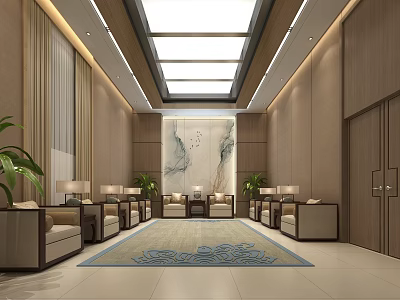 Elegant Hotel Public Lounge With Comfortable Sofas Green Plants And Decorative Painting 3d model