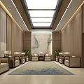 Elegant Hotel Public Lounge With Comfortable Sofas Green Plants And Decorative Painting