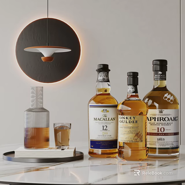 Premium Wine Bottles and Glass Display on White Counter with Round Lamp 3d model 