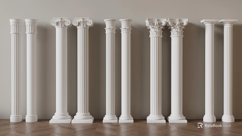Classical White Roman Columns With Varied Capitals Arranged On Wooden Floor 3d model 