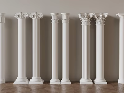 Classical White Roman Columns With Varied Capitals Arranged On Wooden Floor 3d model
