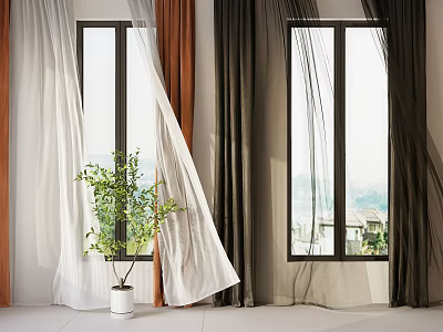 Modern Window Curtains With Sheer Panels And Solid Drapes In Bright Room With Potted Plant 3d model